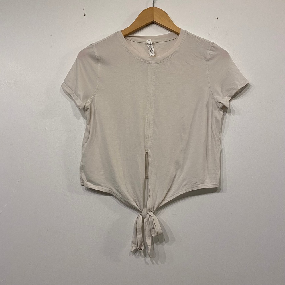 Lululemon Its A Tie Short Sleeve T-Shirt Cream Pima Cotton Front Tie Top 4